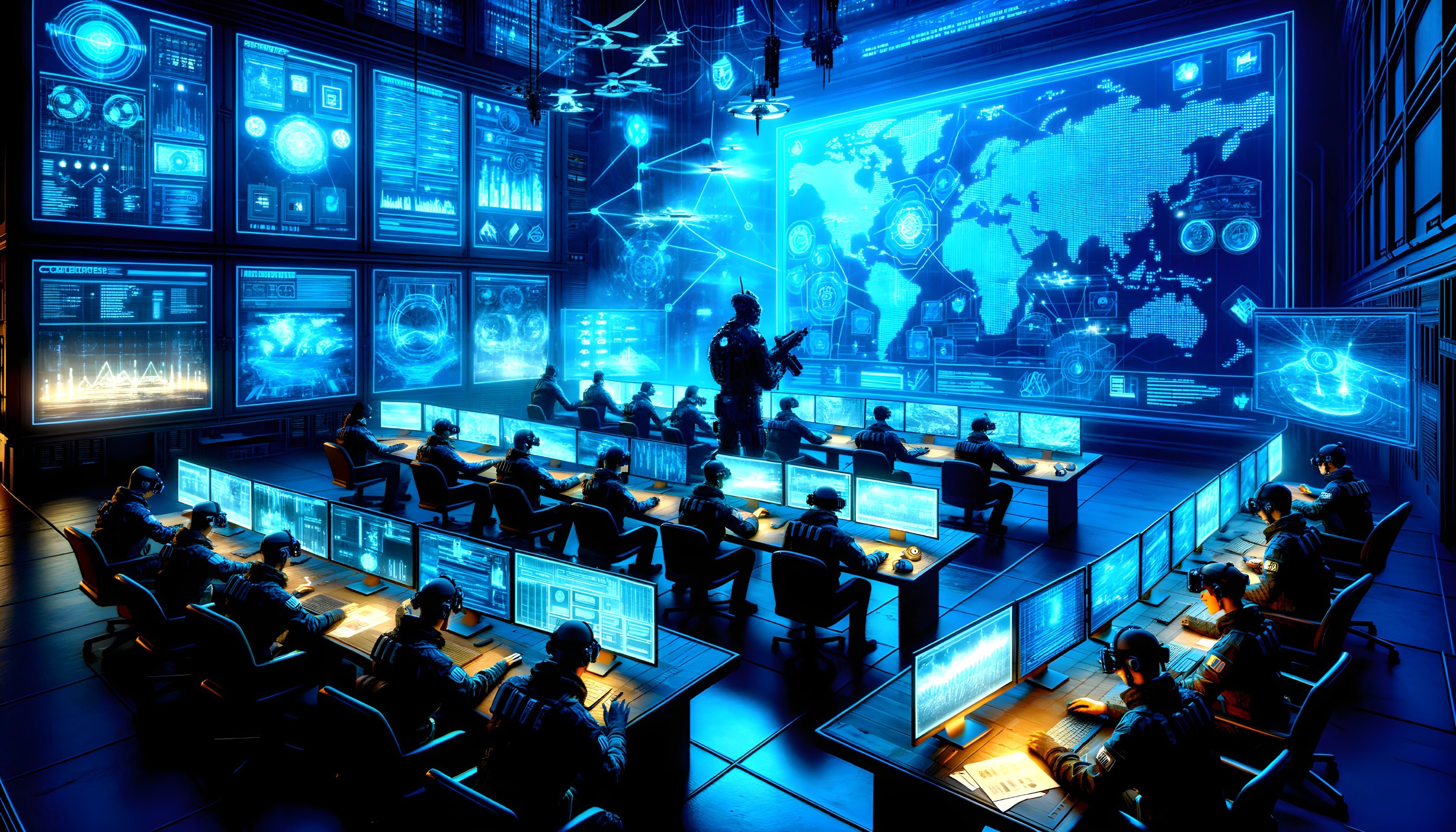 Futuristic command center with personnel and data displays