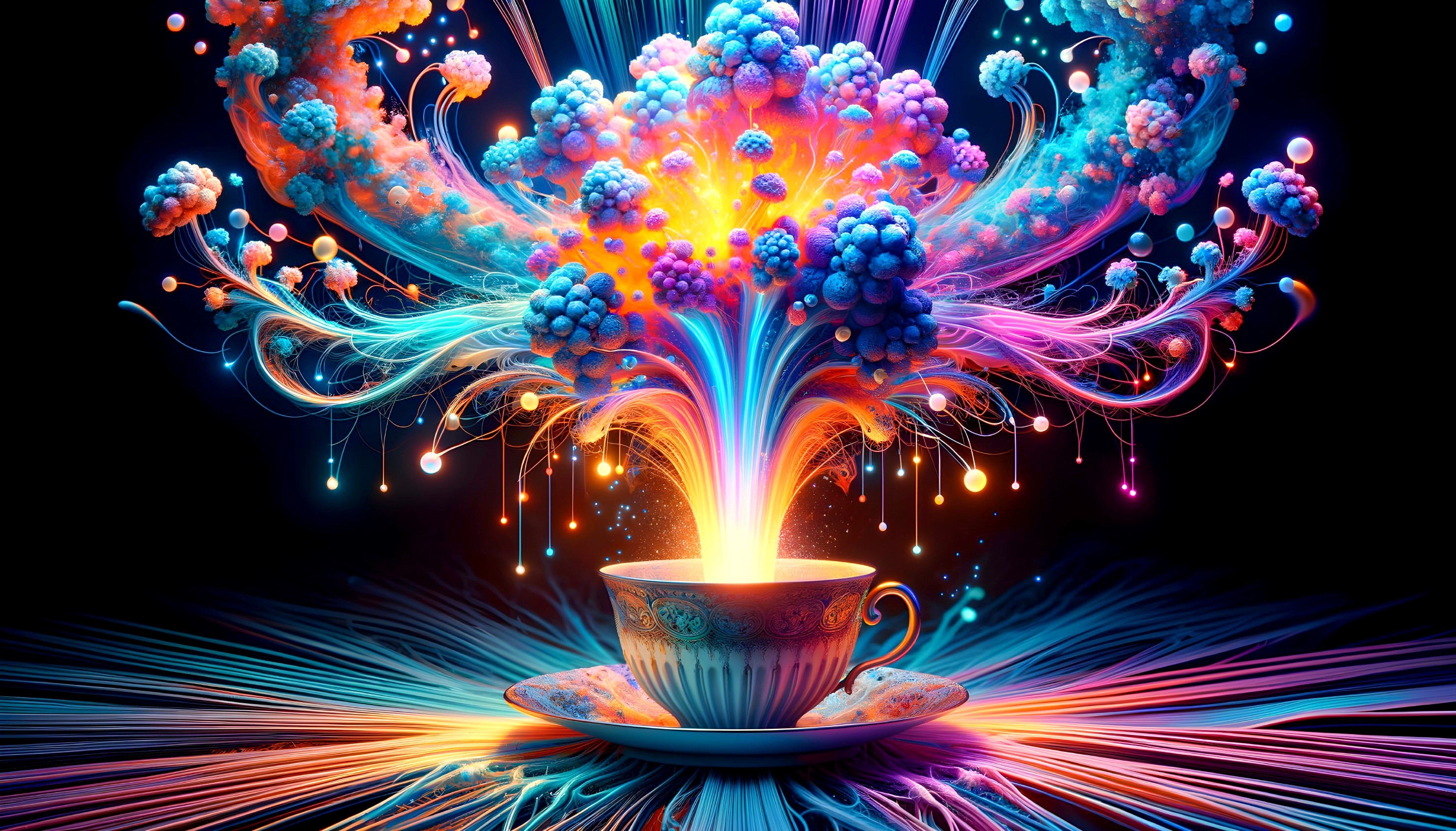 Surreal Teacup Surrounded by Colorful Abstract Clouds