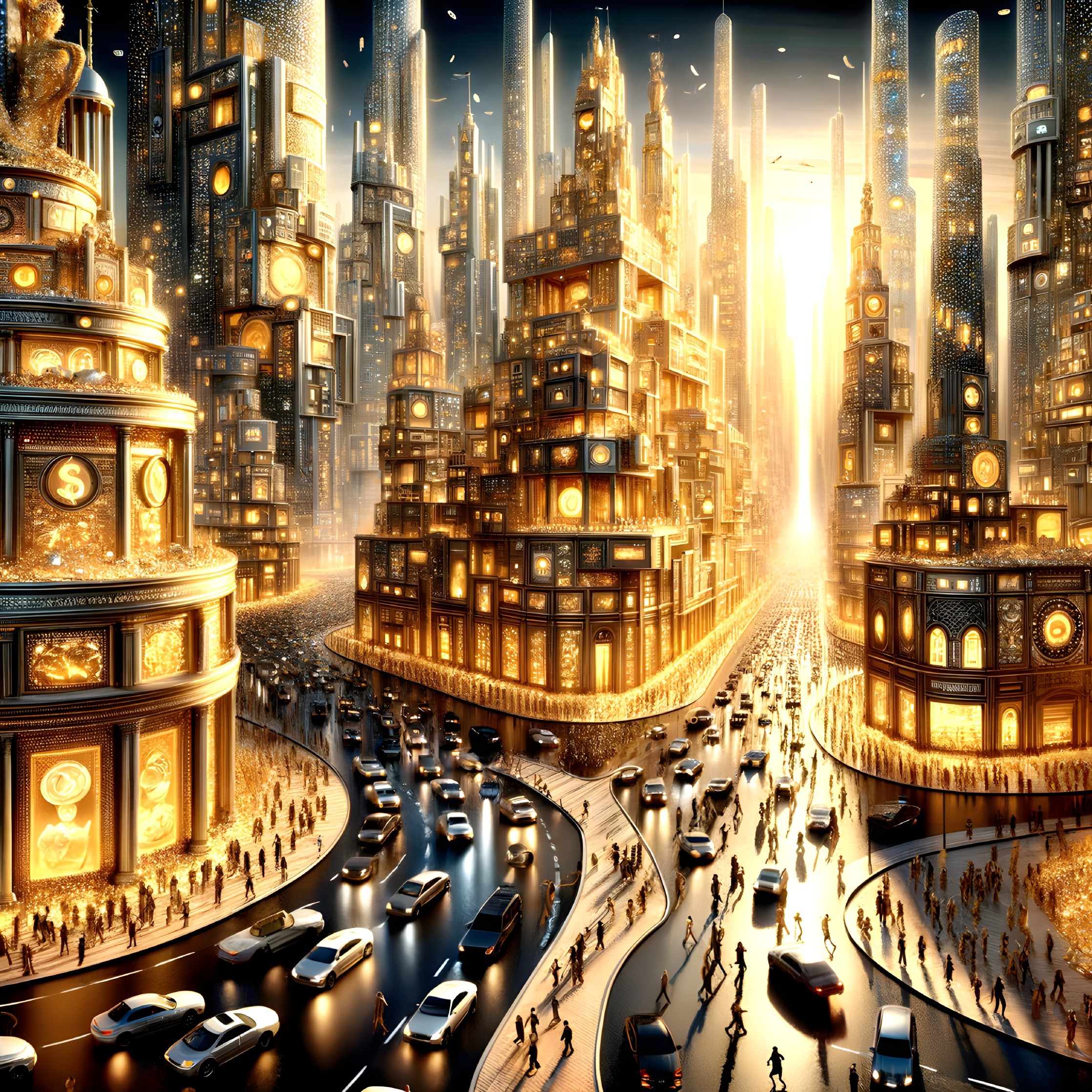 Futuristic cityscape with golden lights and skyscrapers