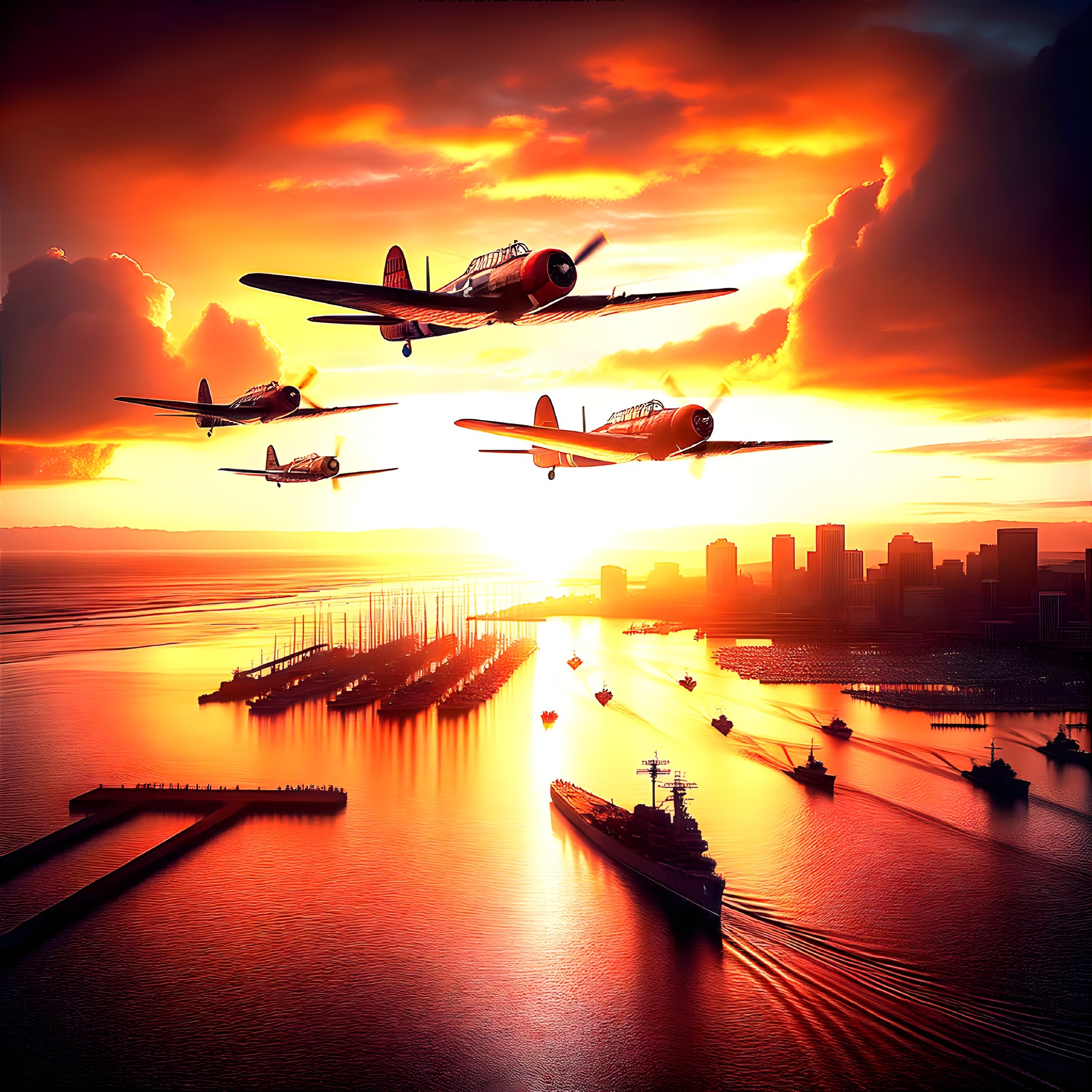 Vintage Aircraft Over Sunset Harbor City Skyline