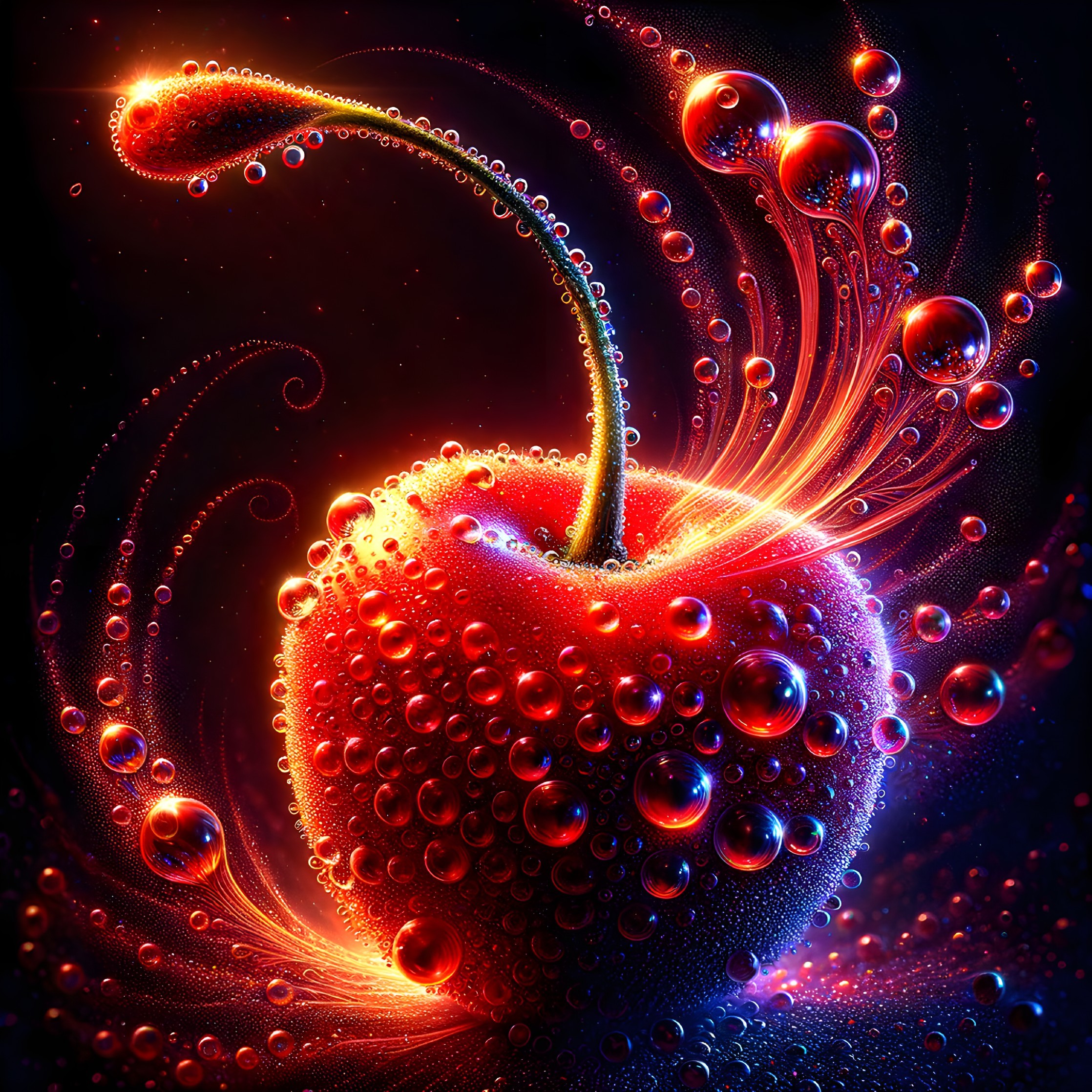 Vibrant Digital Artwork of Cherry with Swirling Patterns