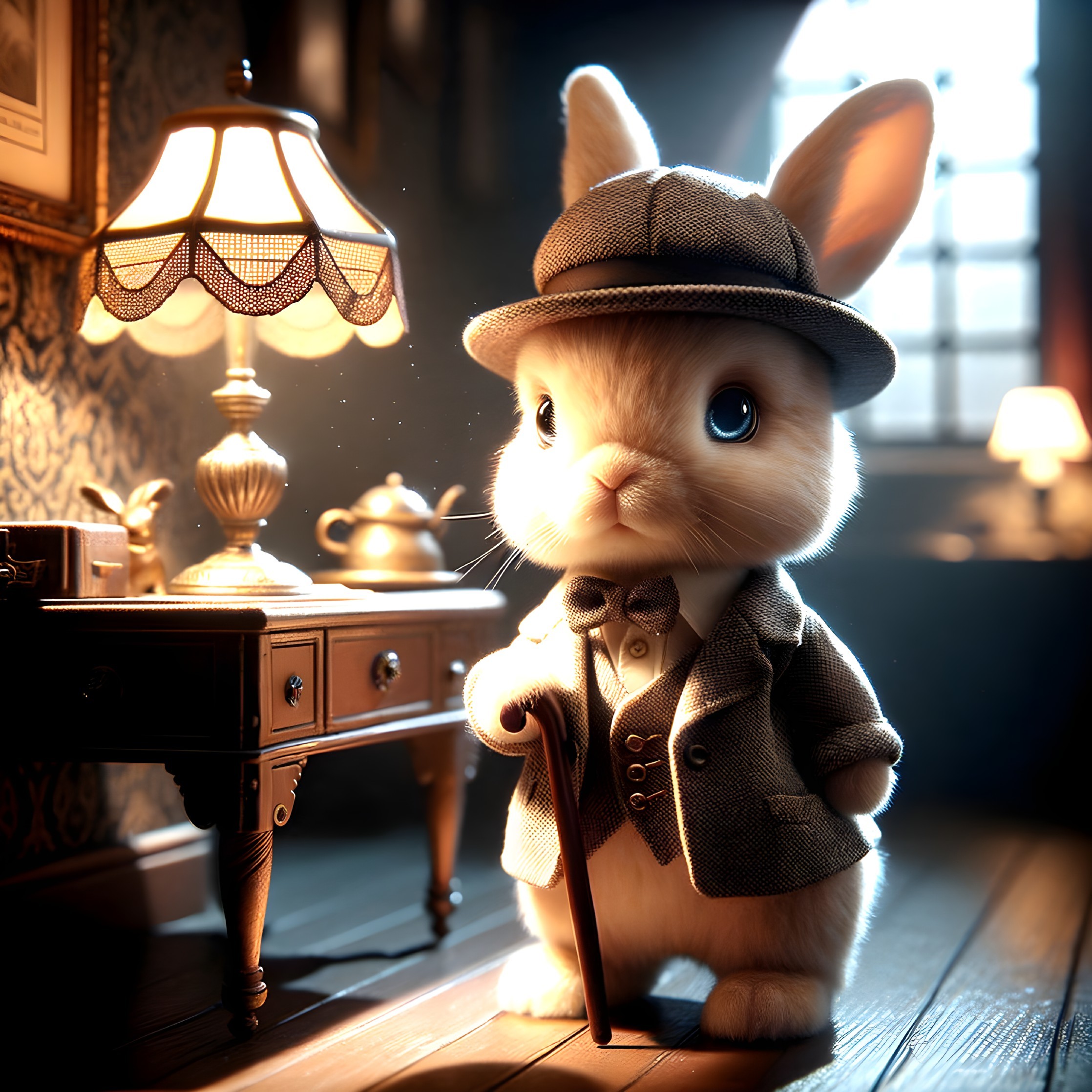 Sophisticated Rabbit in Vintage Suit in Cozy Room