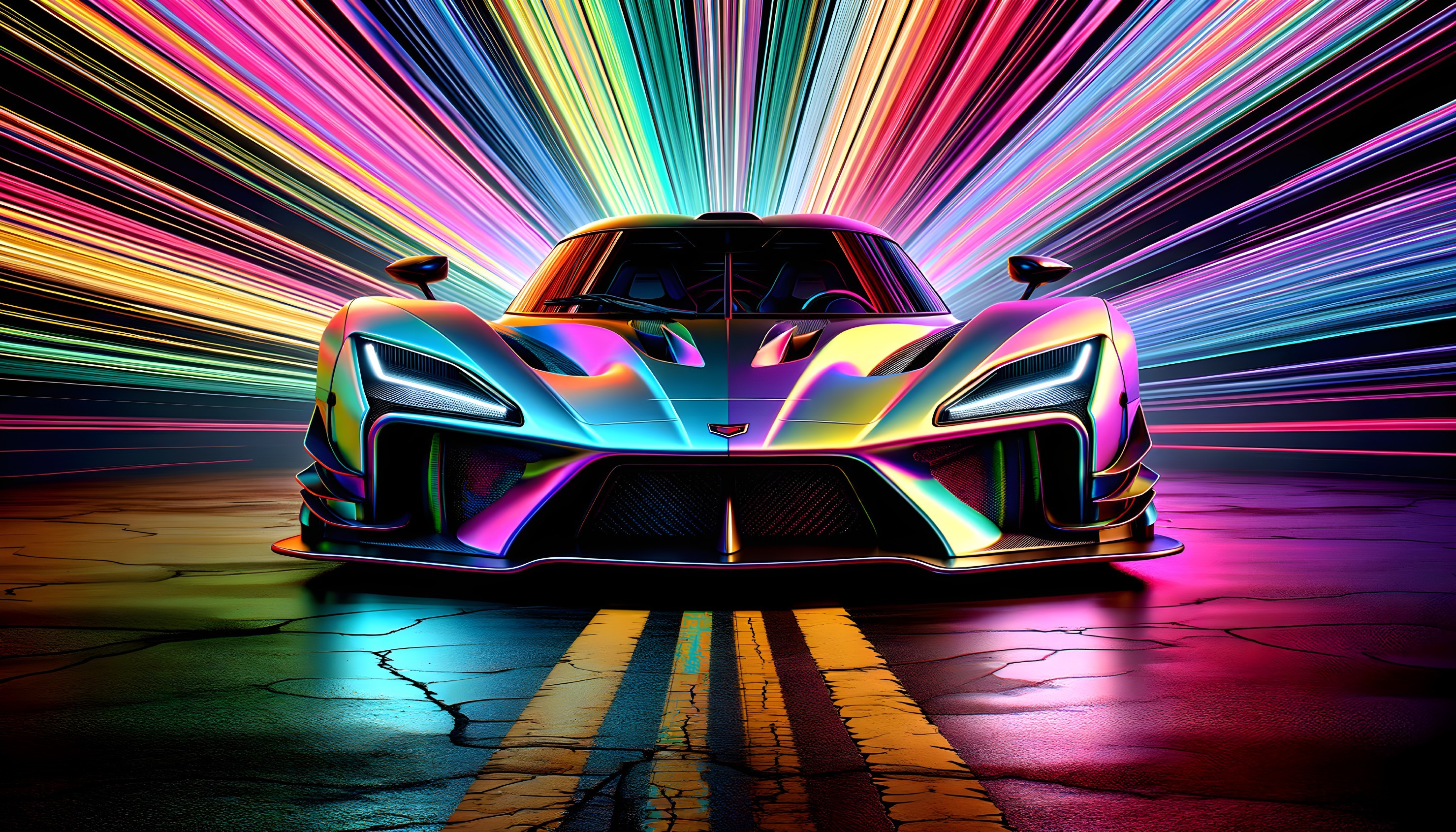 Vibrant Sports Car on Asphalt with Colorful Light Streaks