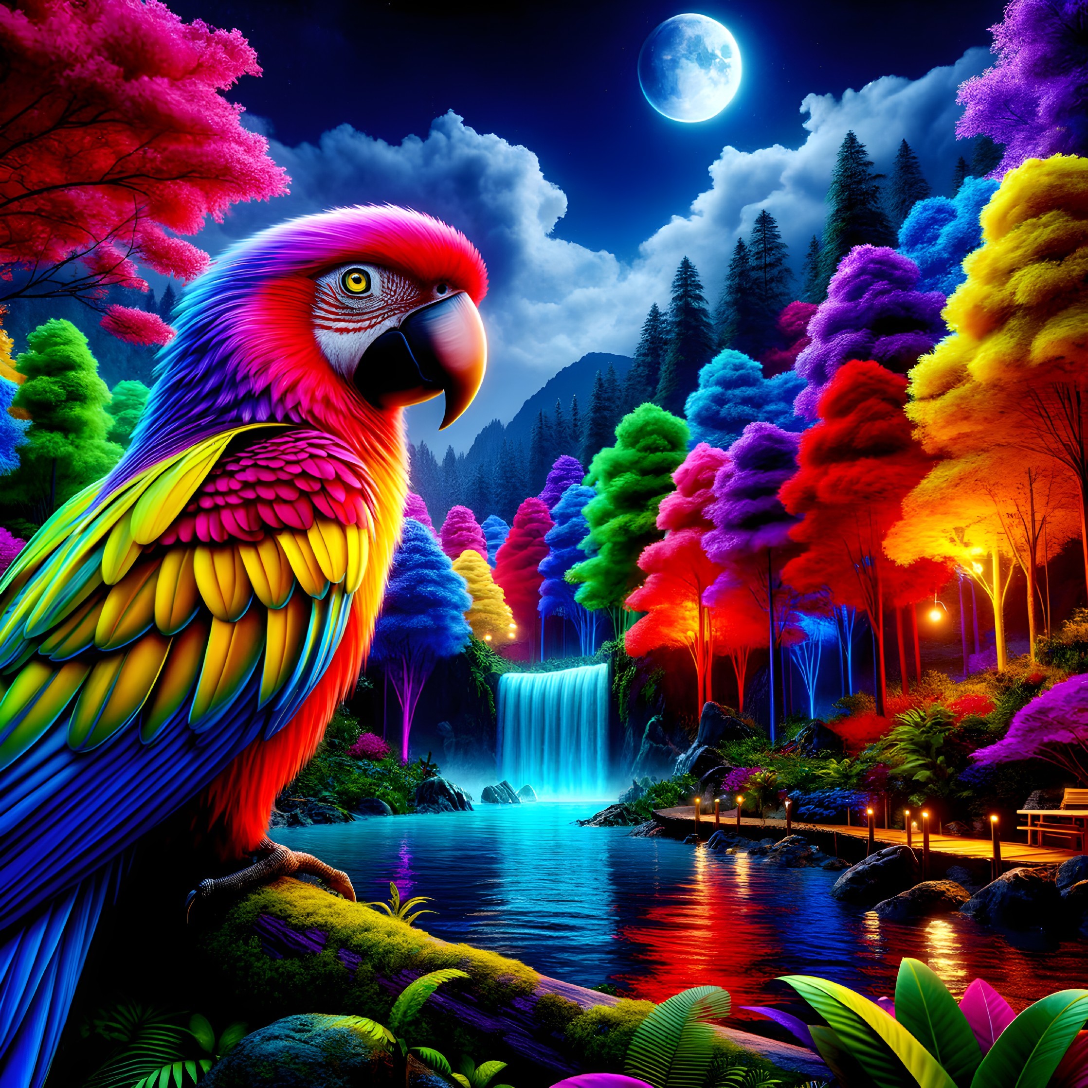 Colorful Parrot in Neon Fantasy Landscape Illustration