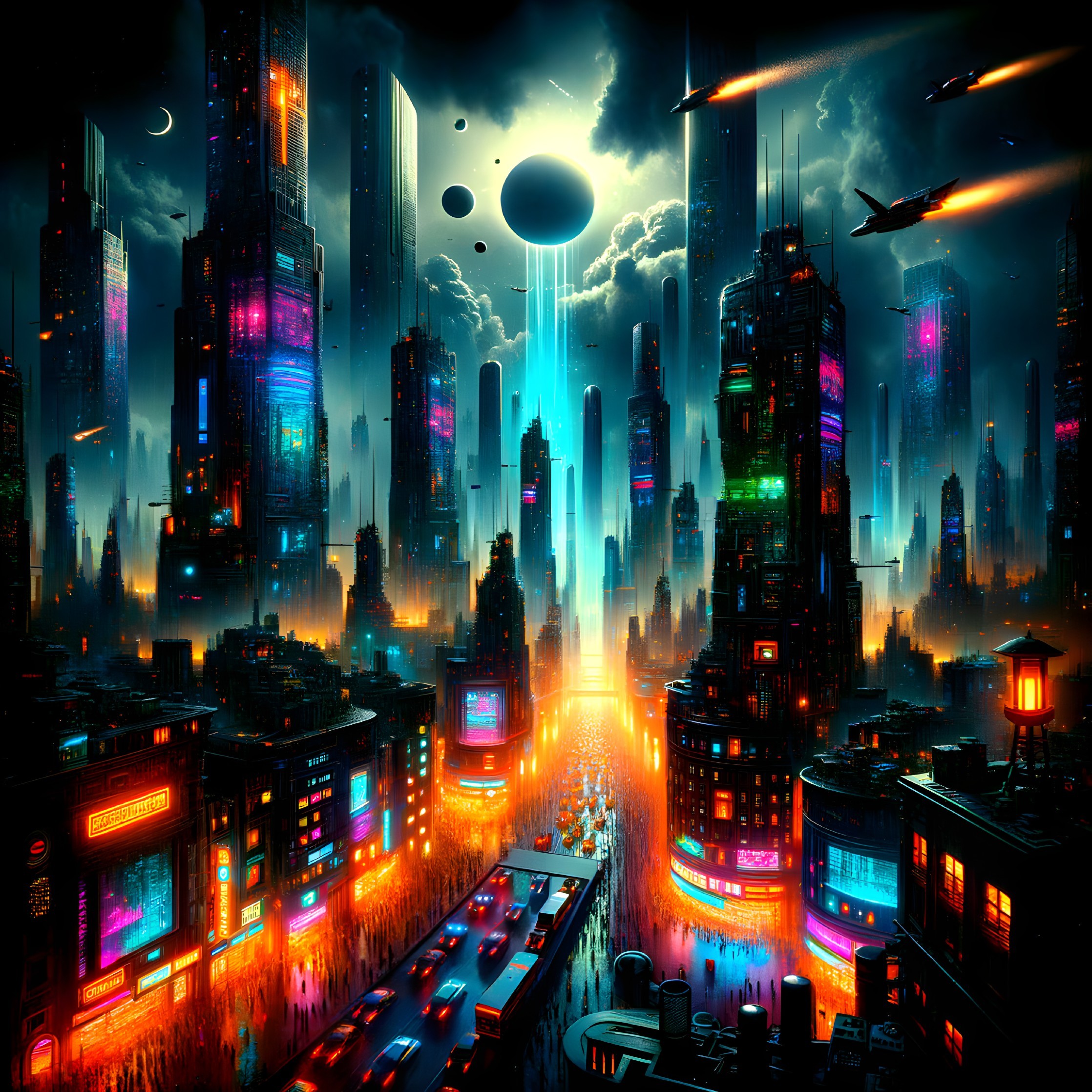 Futuristic Cityscape with Neon Lights and Skyscrapers
