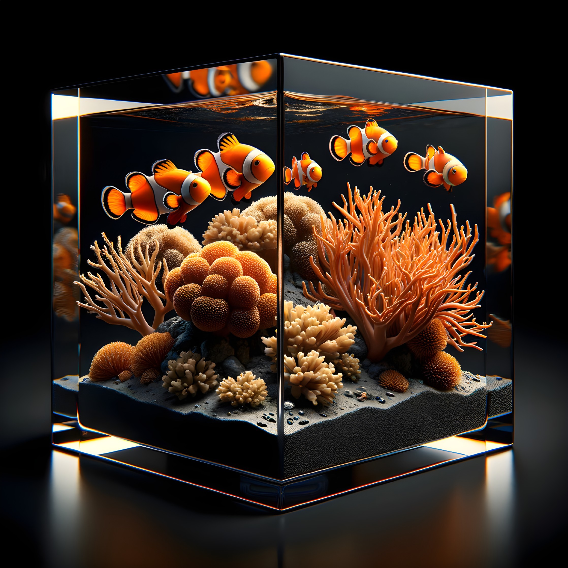 Aquarium with Clownfish and Coral in Glass Cube