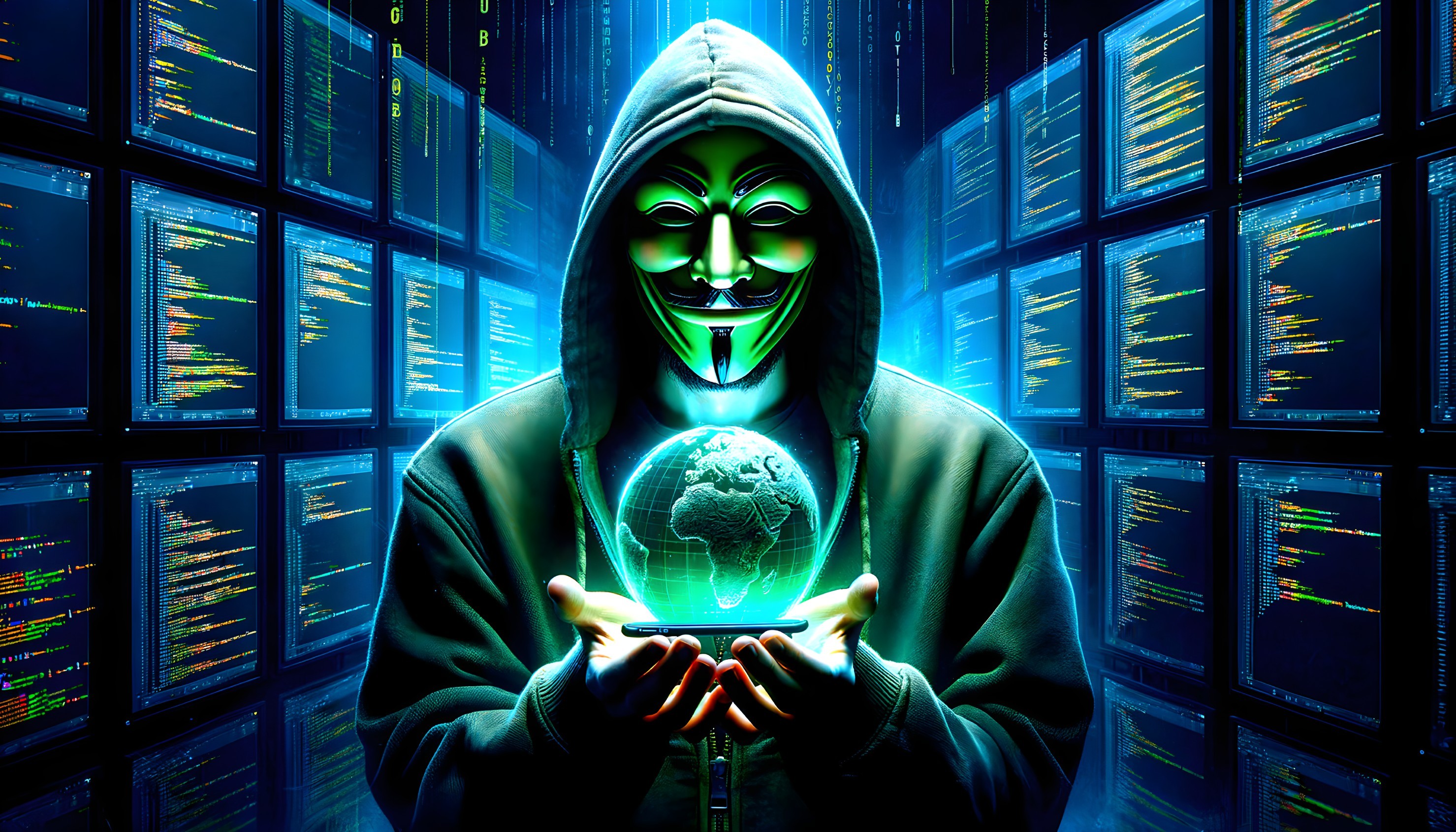 Hooded Figure with Glowing Mask and Holographic Globe