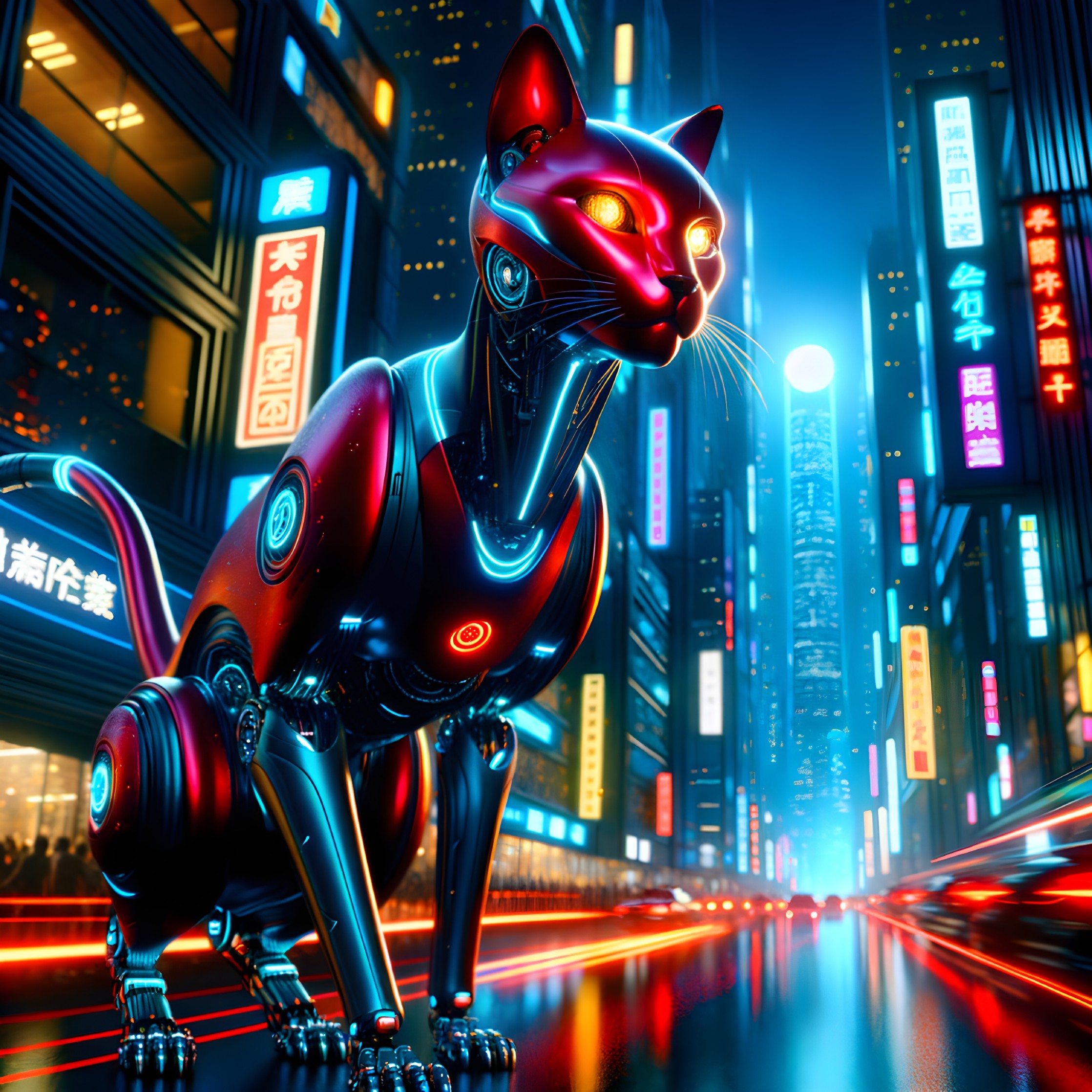 Futuristic cityscape with neon lights and robotic cat