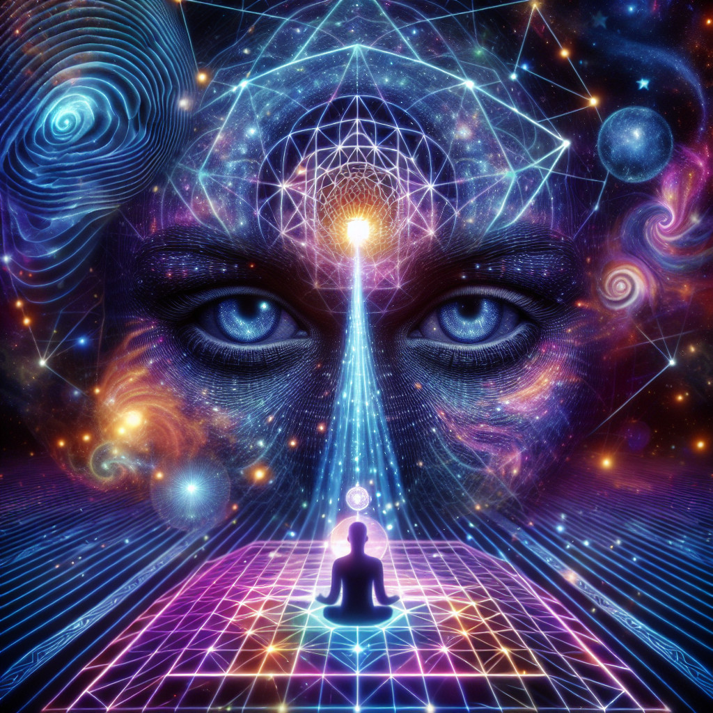 Cosmic Scene with Meditative Figure and Galaxy Patterns
