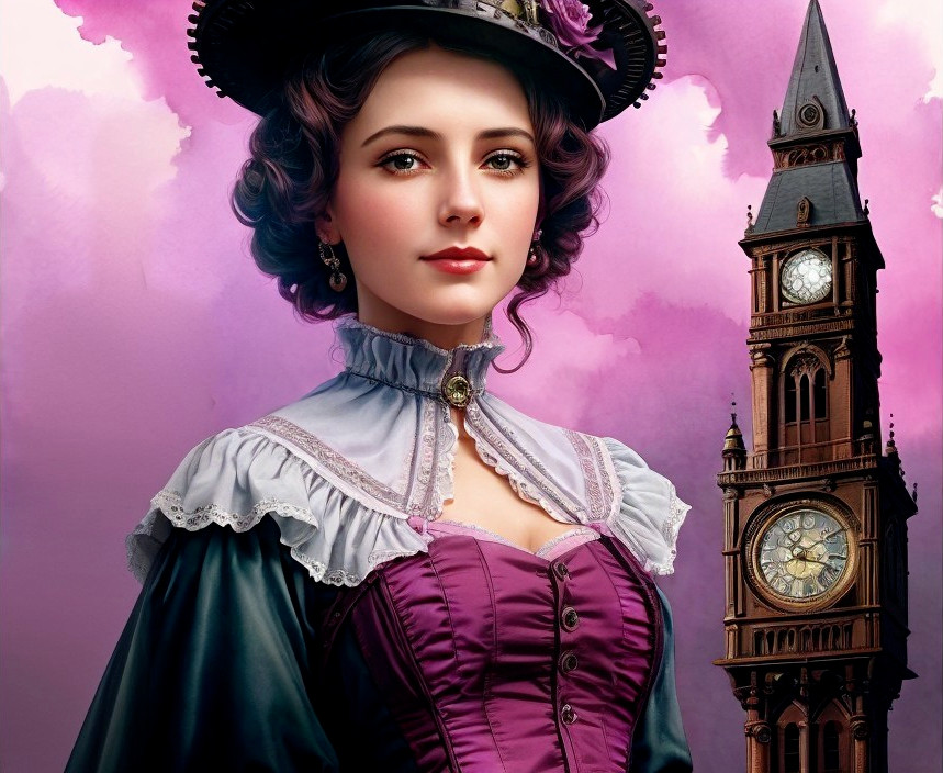 Victorian-era woman in purple dress with clock tower