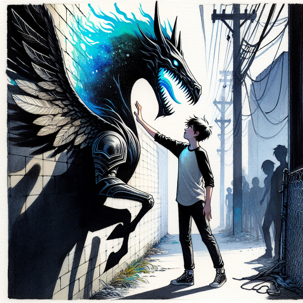 Young Boy Encounters Cosmic Winged Dragon in Alley