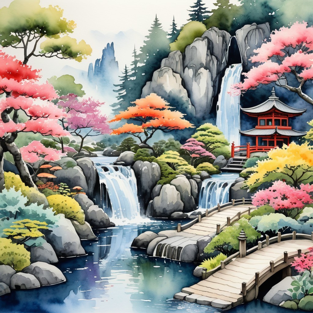 Traditional Japanese Garden with Cherry Blossoms and Pagoda