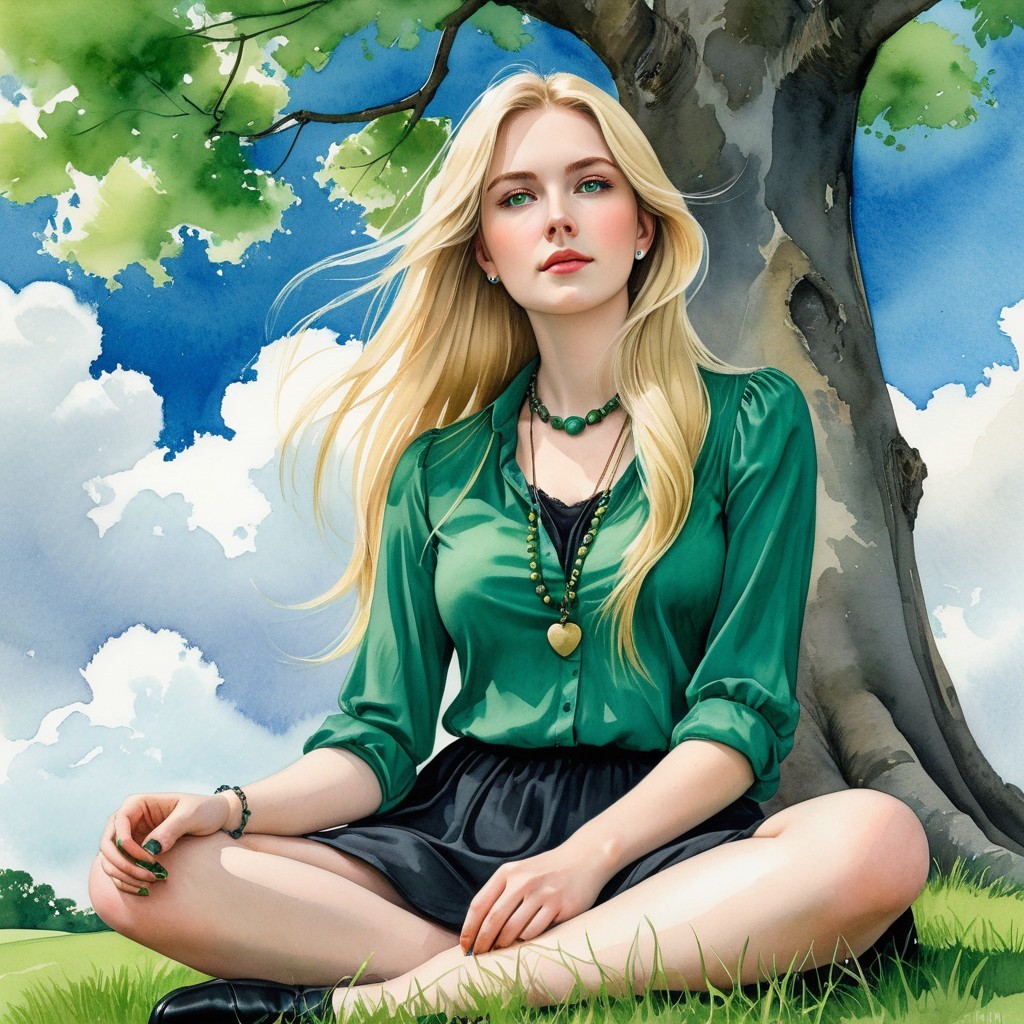 Young Woman in Green Blouse Under a Tree