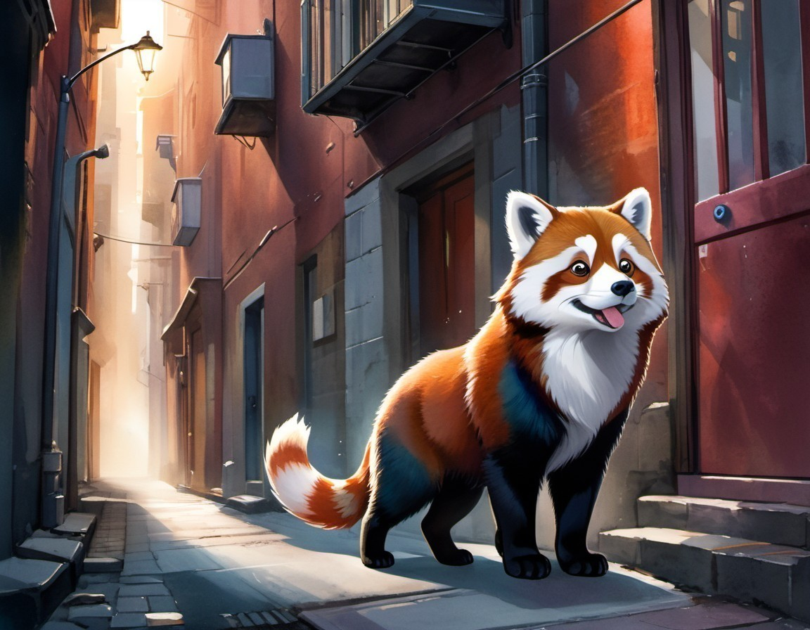Red panda in a sunlit, vibrant alleyway scene