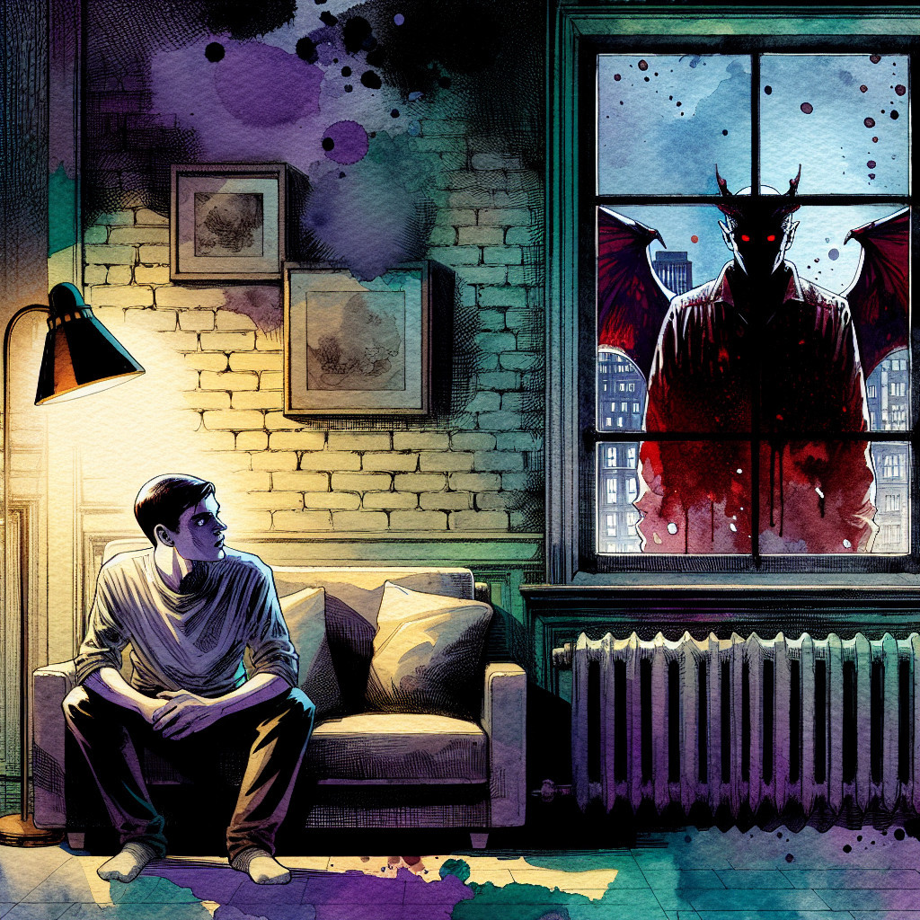 Young man observes sinister figure outside window