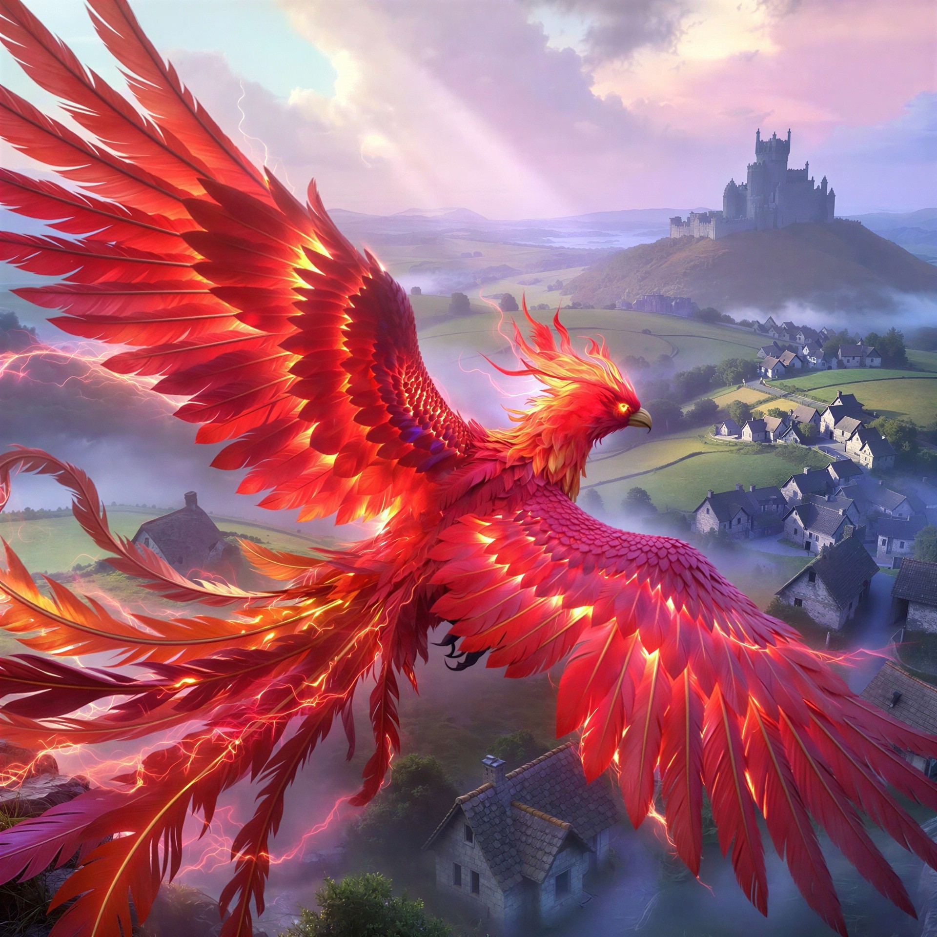 Vibrant red phoenix soaring over misty green valley