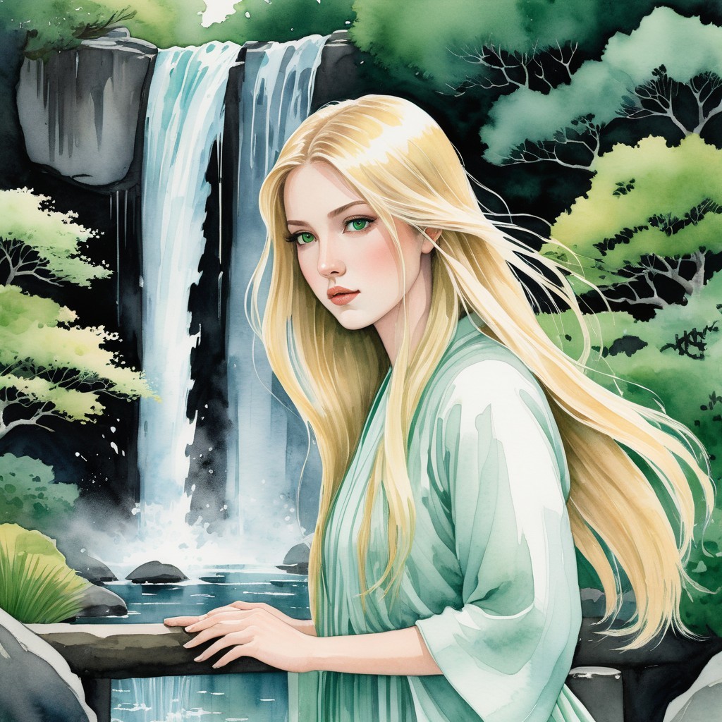 Young Woman in Green Kimono by Tranquil Waterfall