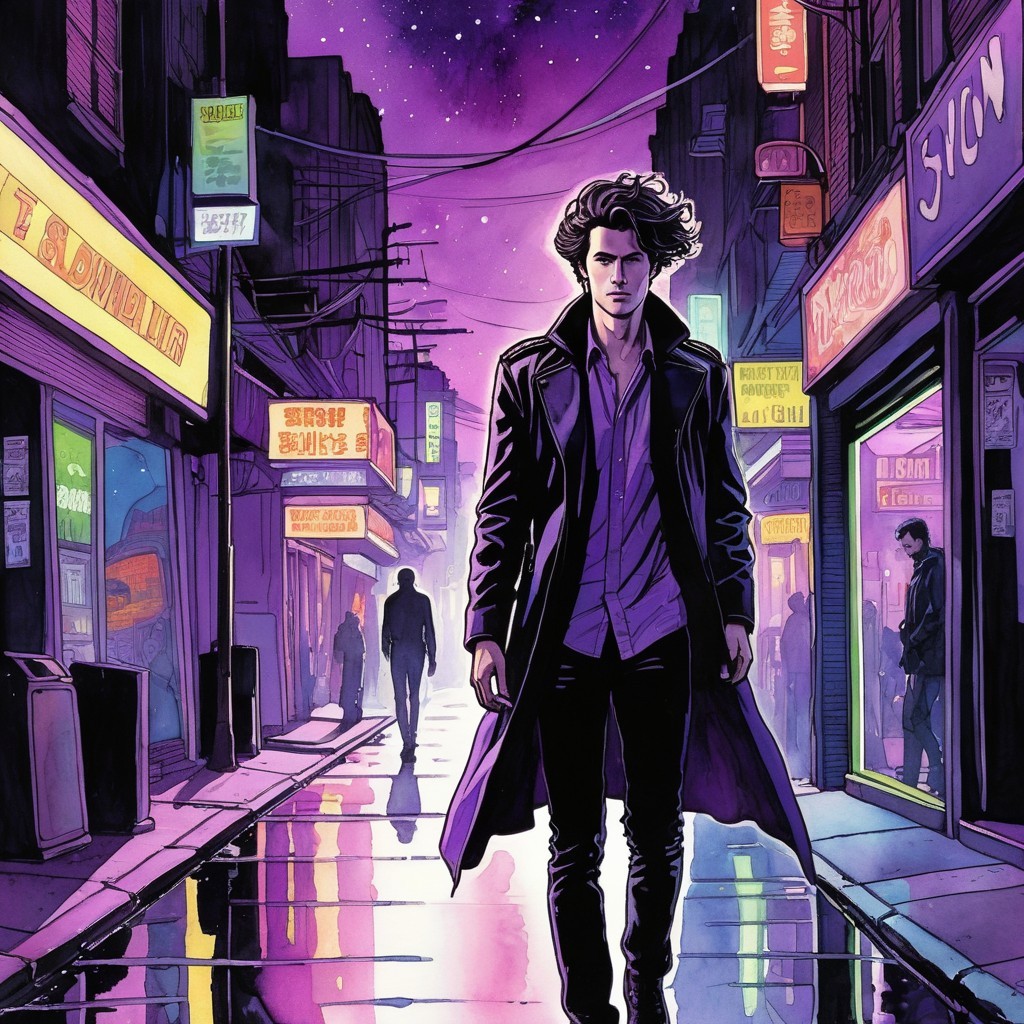 Neon-Lit Alley Scene with Lone Figure at Night
