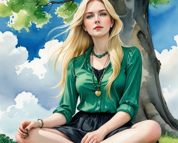 Young Woman in Green Blouse Under a Tree