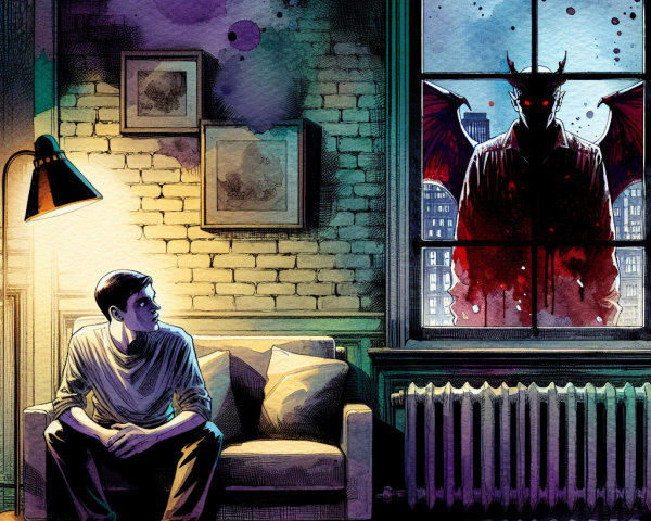 Young man observes sinister figure outside window