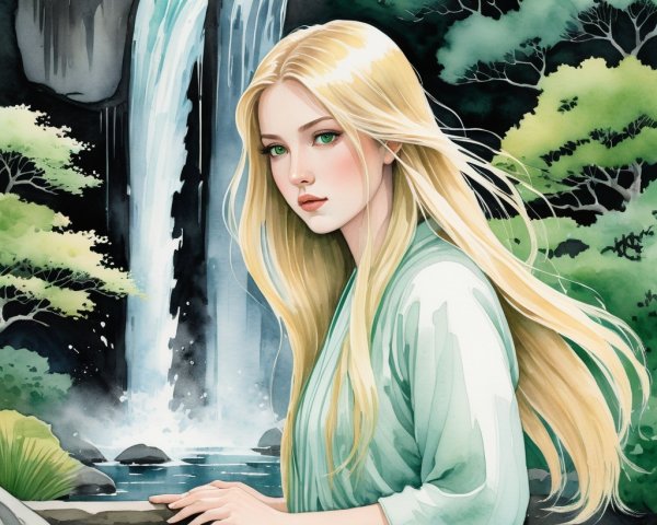 Young Woman in Green Kimono by Tranquil Waterfall