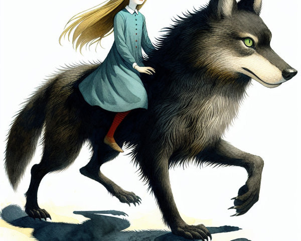 Young girl in blue dress rides dark wolf in adventure