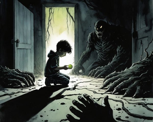 Boy with glowing apple in shadowy room of terror