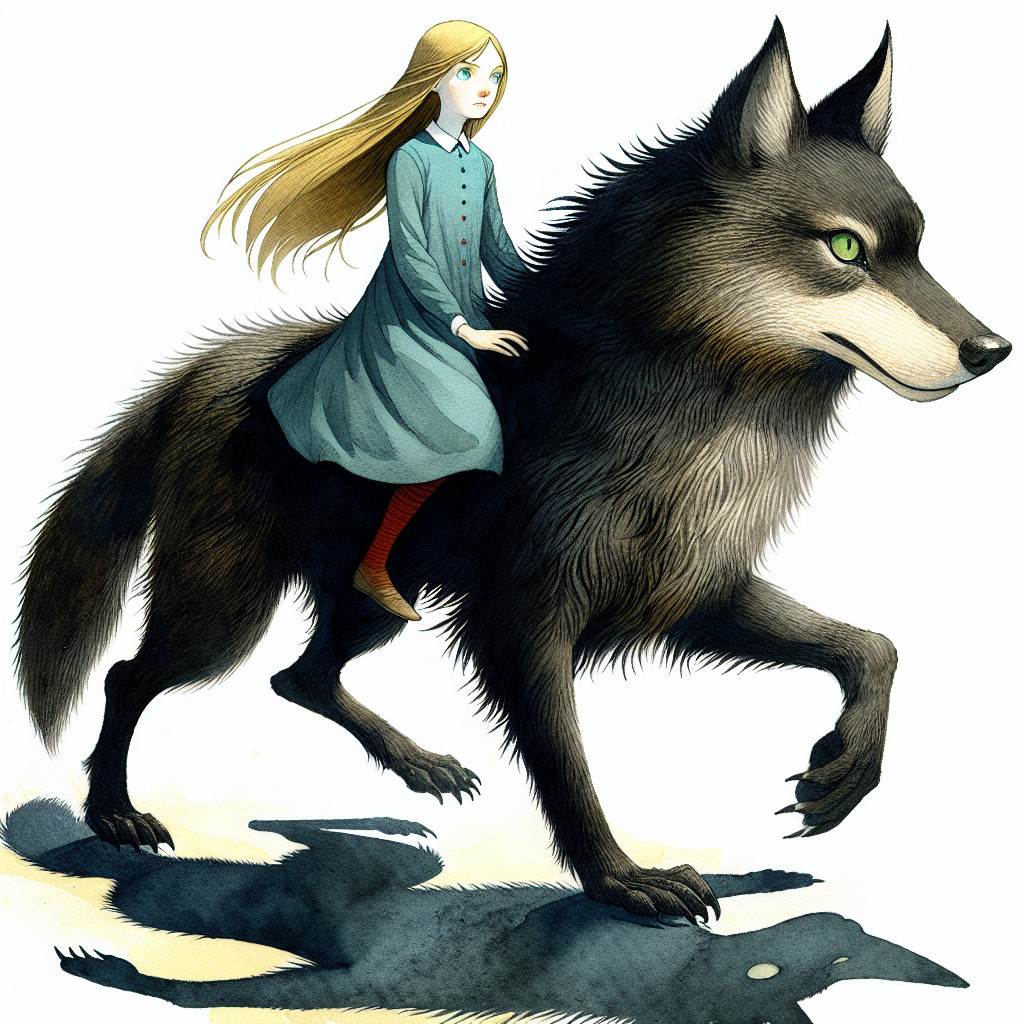 Young girl in blue dress rides dark wolf in adventure