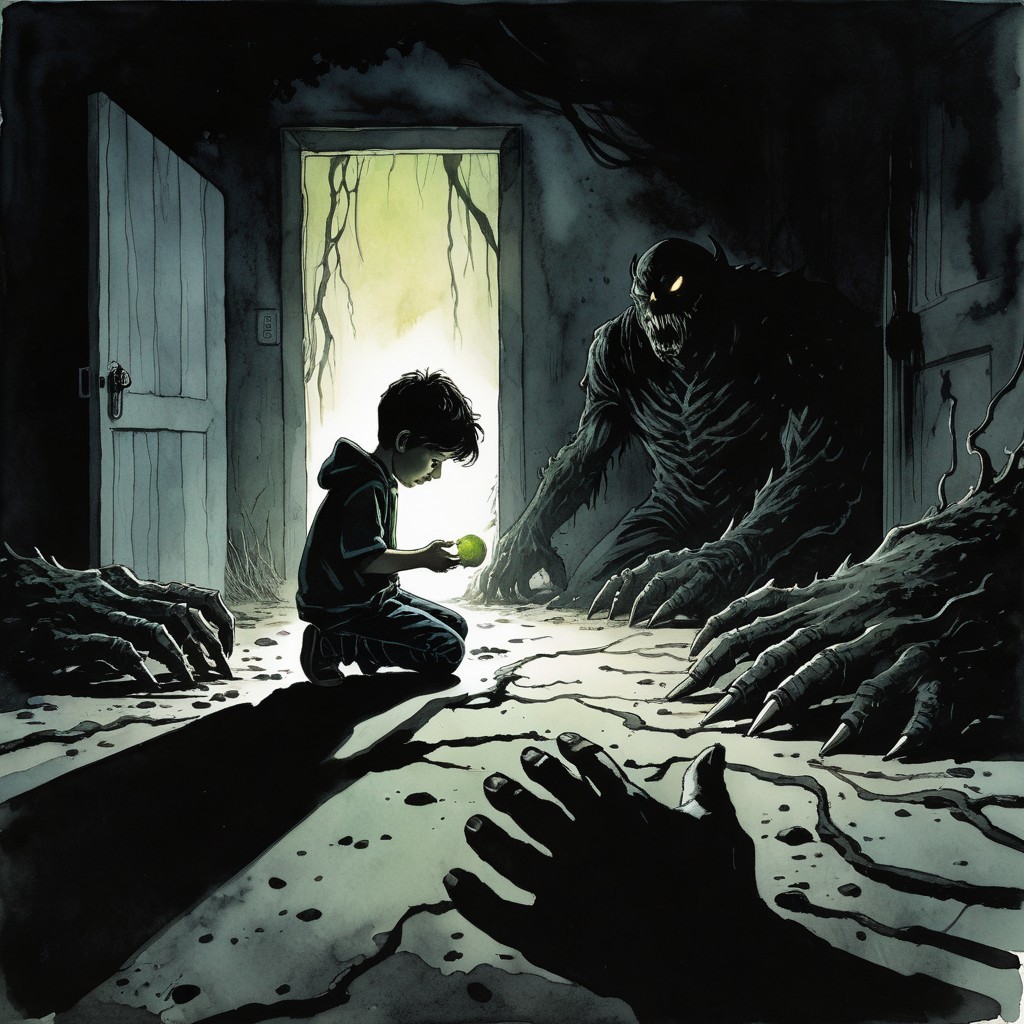 Boy with glowing apple in shadowy room of terror