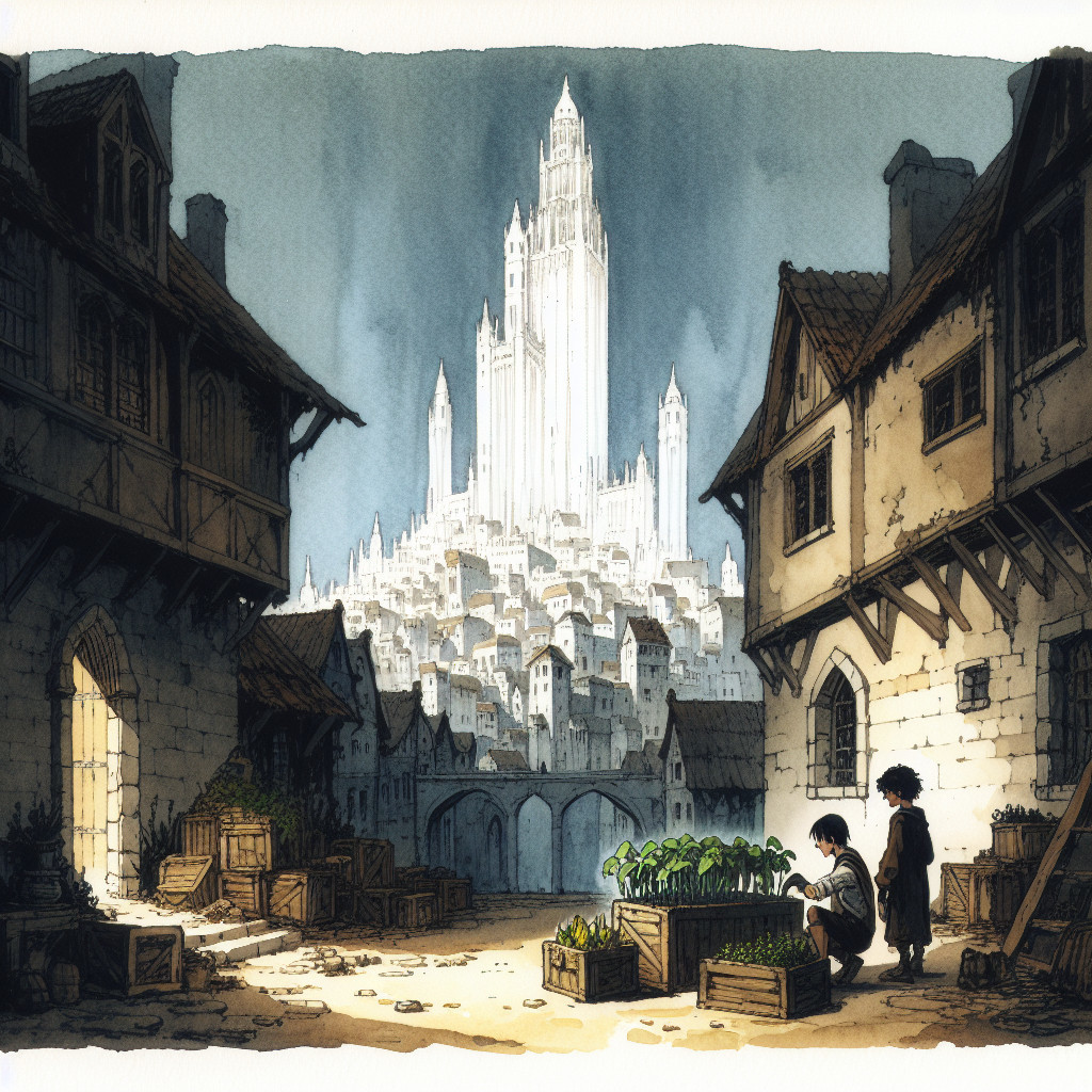 Children in a village garden with a distant castle