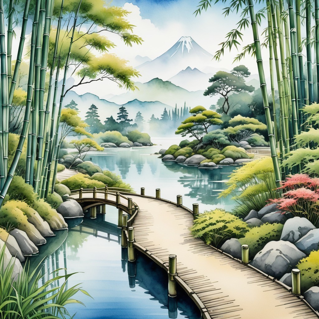 Serene Landscape with Wooden Bridge and Tranquil River
