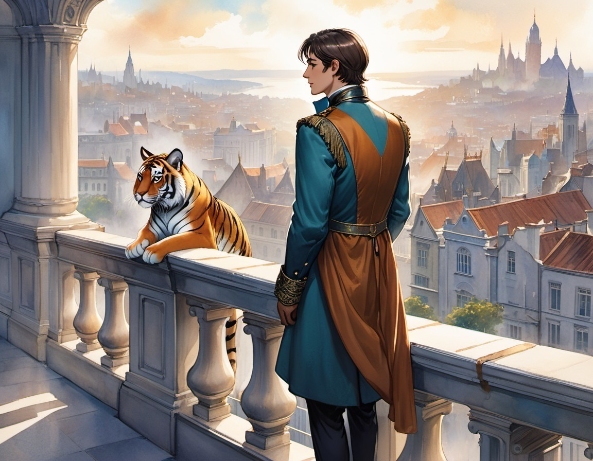Regal Figure and Tiger Overlooking City at Sunset