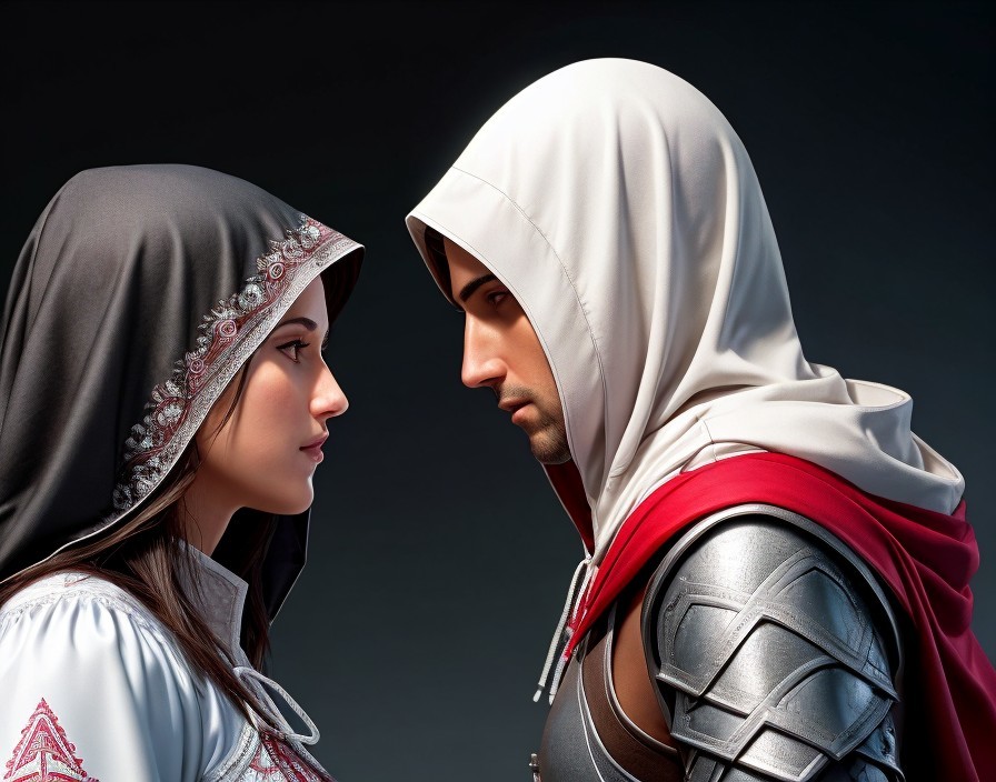 Historical Costumes of a Man and Woman Facing Each Other