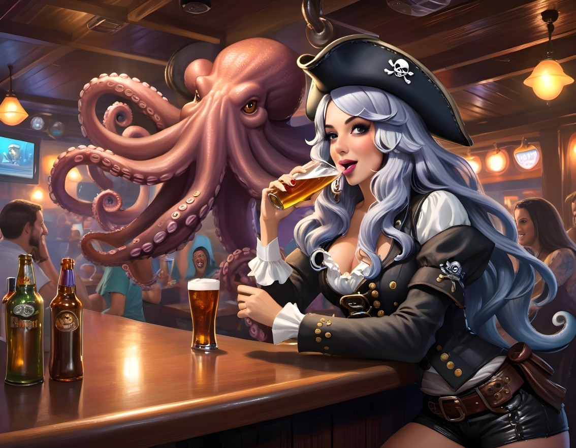 Pirate Woman Interacts with Octopus in Cozy Bar Scene