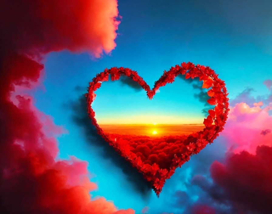Heart-Shaped Floral Frame with Sunset and Colorful Clouds