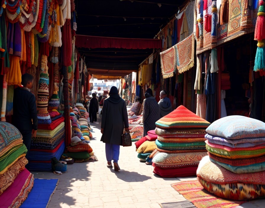 Colorful Fabrics and Rugs at a Bustling Market
