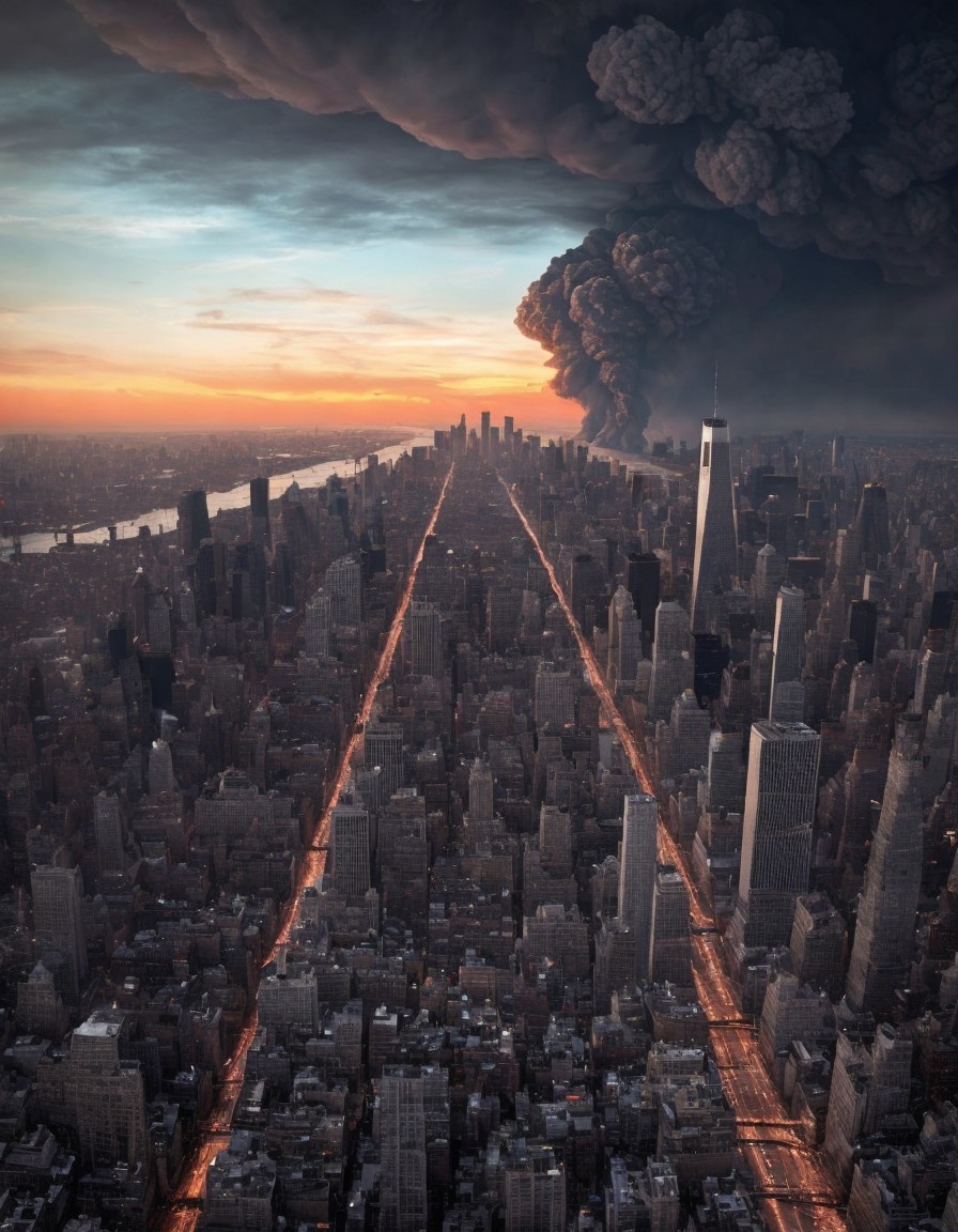 Dramatic Cityscape with Smoke and Sunset Glow