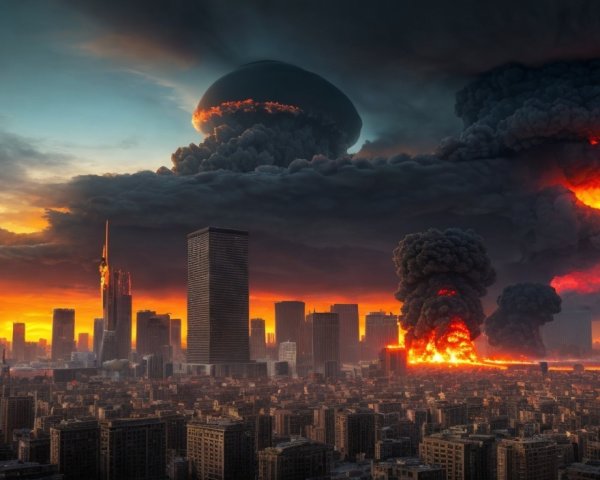 Dramatic Apocalyptic Cityscape with Explosion and UFO