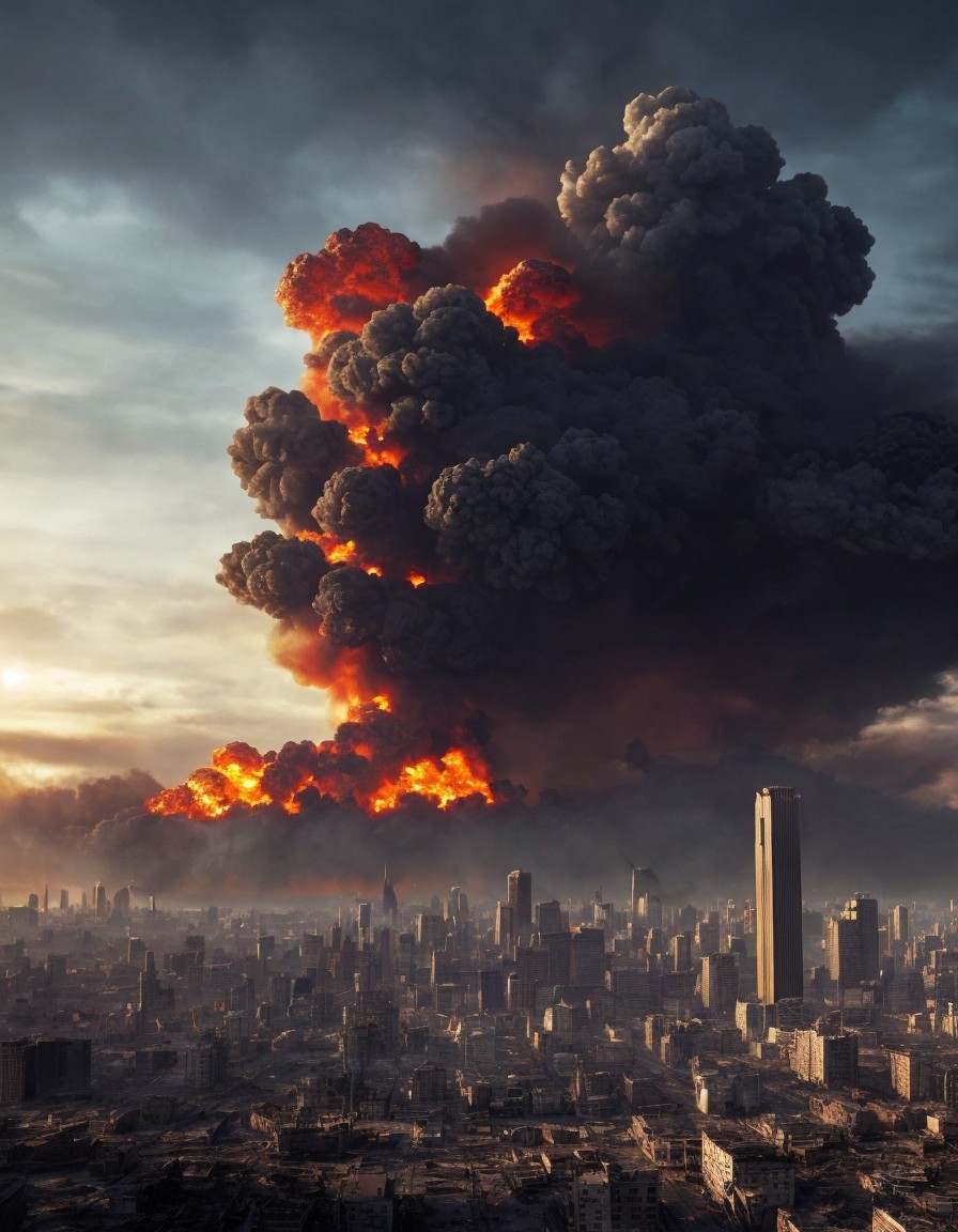Massive Explosion with Smoke over Cityscape and Stormy Sky