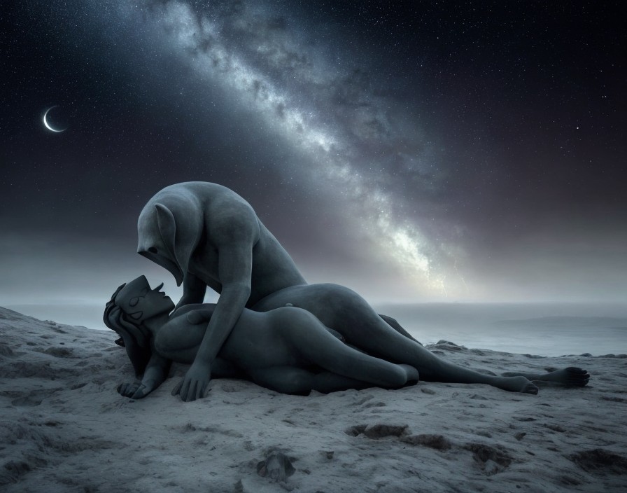 Surreal Artwork of Embracing Stone Figures at Night