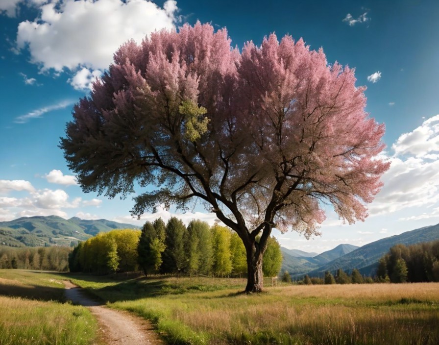 Lavender Tree Beside Winding Path and Rolling Hills