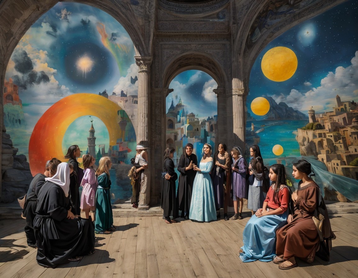 Historical Gathering in a Grand Hall with Celestial Views