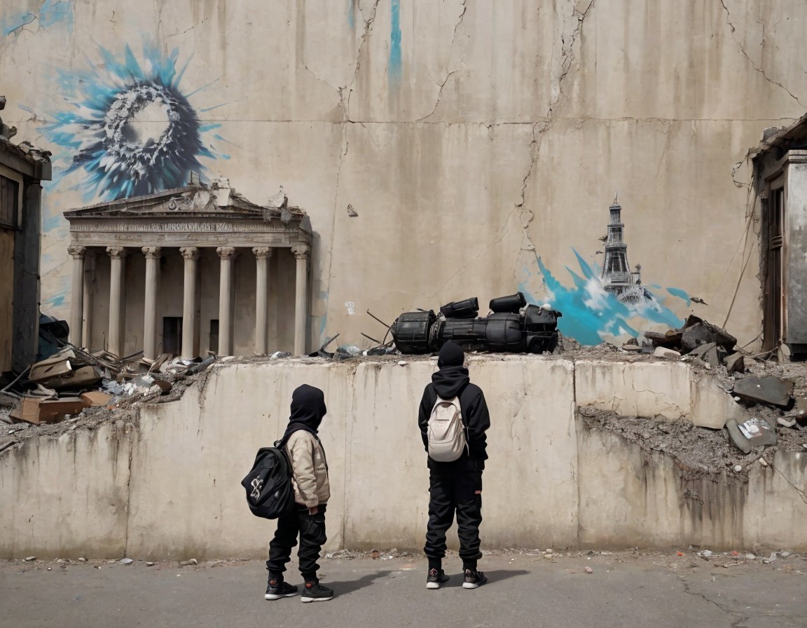 Graffiti Wall Featuring Iconic Structures and Debris