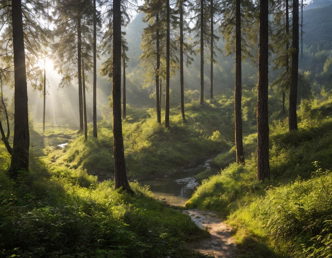 Sunlight in a serene forest with tall trees and shadows