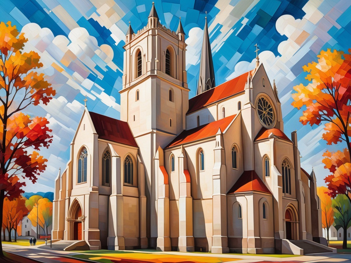 Colorful Illustration of a Grand Church in Autumn