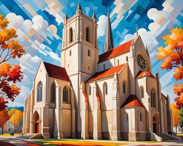 Colorful Illustration of a Grand Church in Autumn