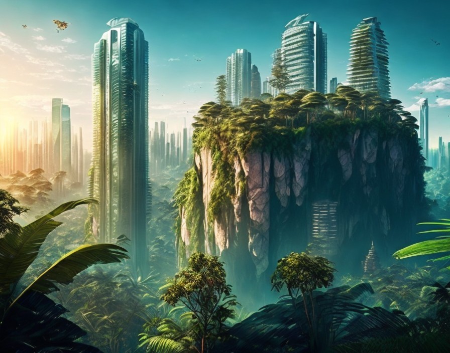 Futuristic city on a floating island with skyscrapers