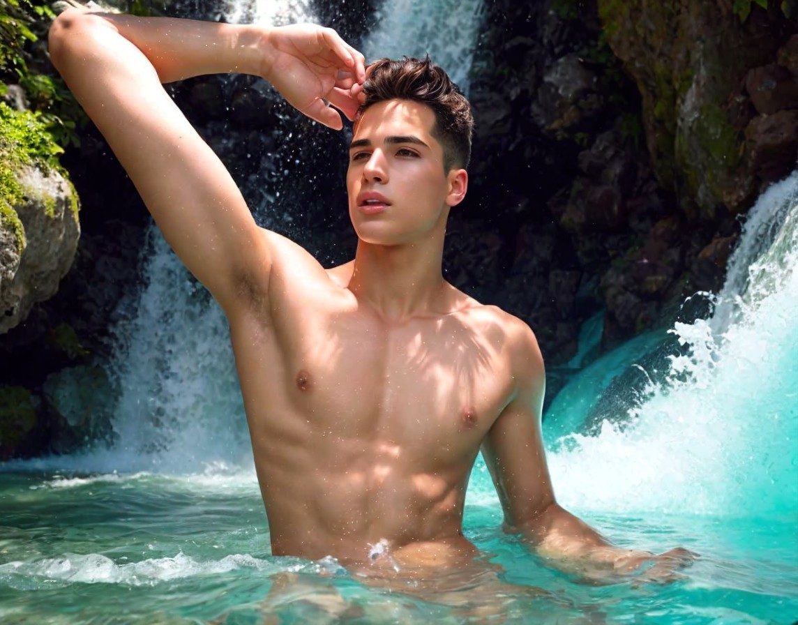 Toned Physique Posing by Waterfall in Clear Water
