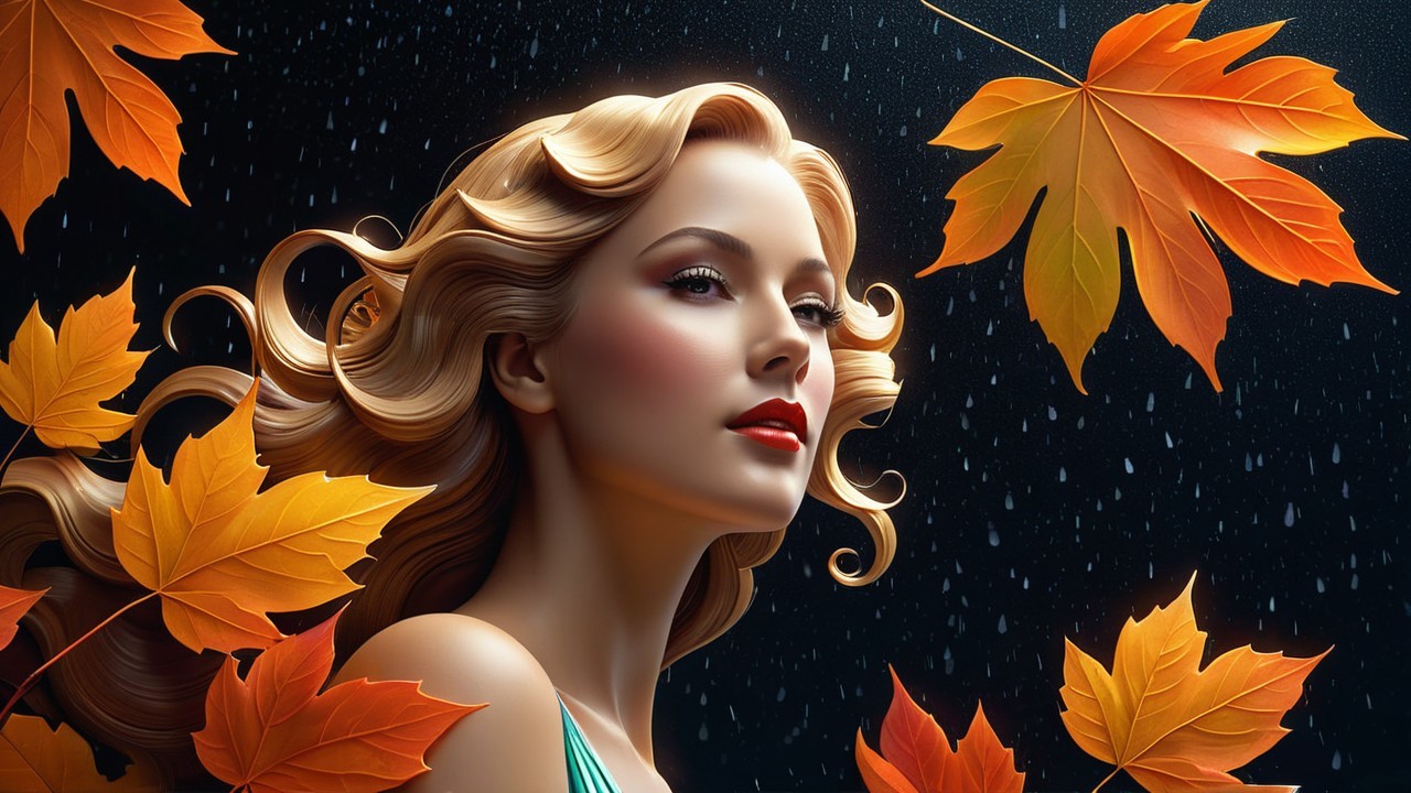 Portrait of a Woman Amidst Autumn Leaves and Rain