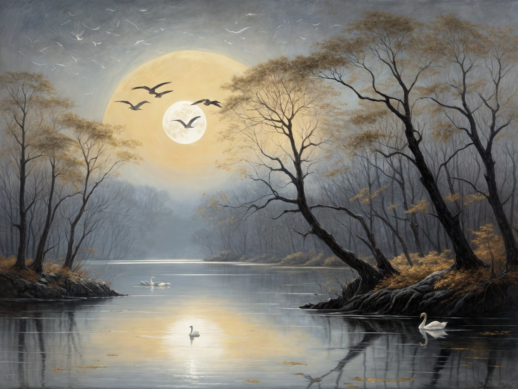 Moonlit Landscape with River and Silhouetted Trees